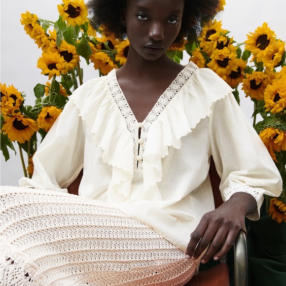 ZARA - Embroidered Ruffle Collared Long Sleeve Blouse in Ivory (NWT) - Size : S - Picture 5 of 14